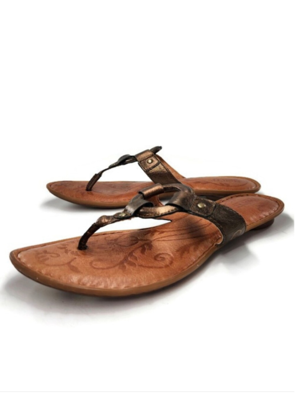 Born Bronze Metallic Leather Ring Accent Flat Slide-On Post-Toe Thong Sandals